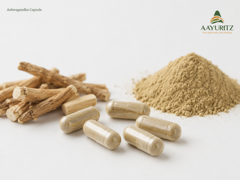 Ashwagandha roots, powder and capsules