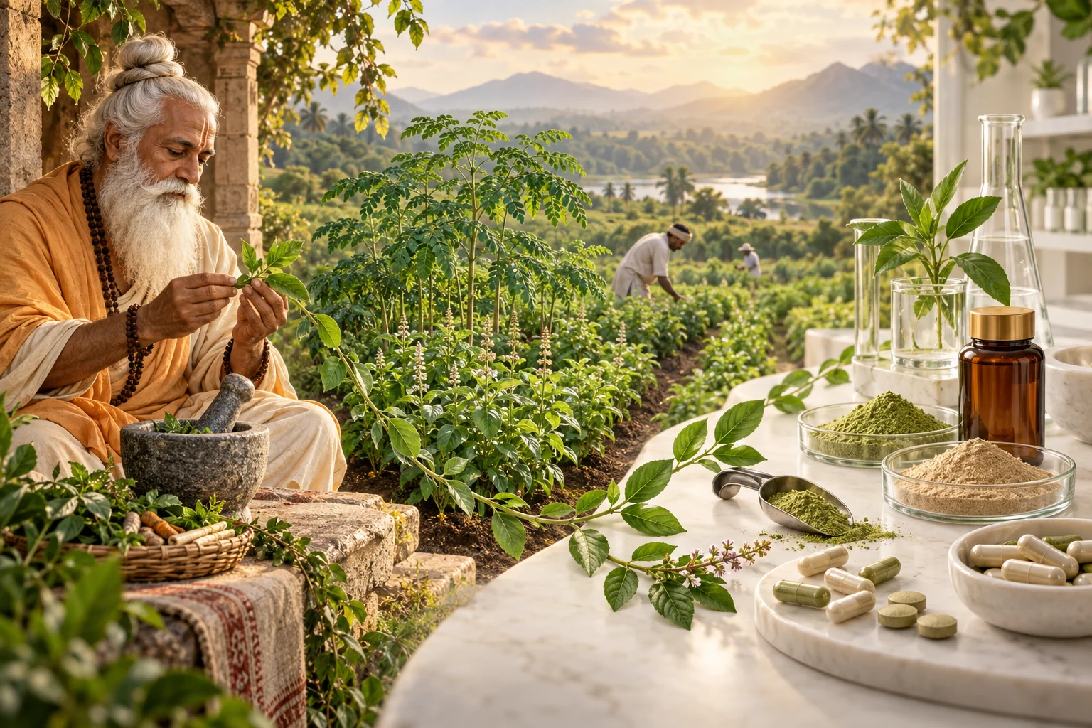 Conceptual artwork blending an Ayurvedic Guru, cultivated herbs and modern botanical product formats