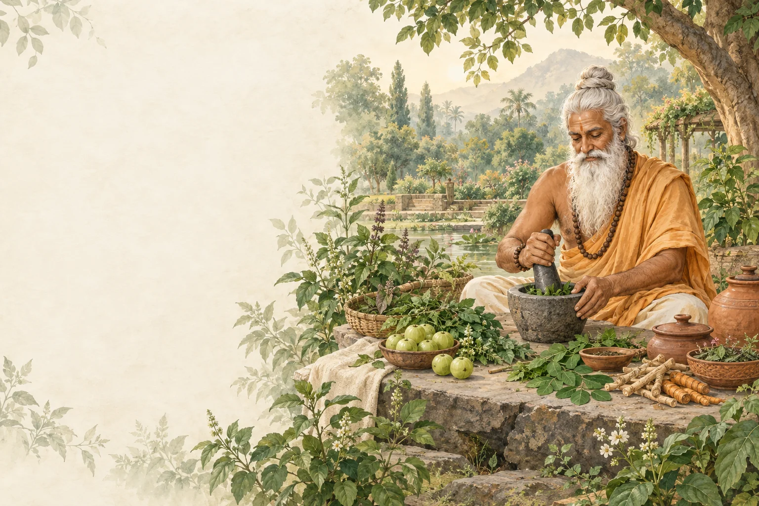 Illustration of an Ayurvedic Guru preparing herbs in a botanical garden