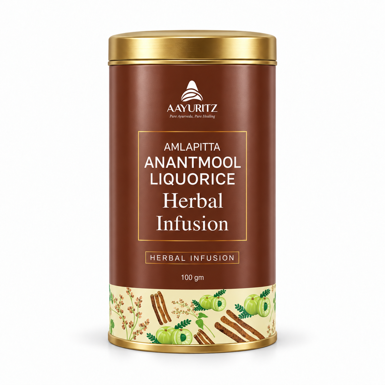 Amlapitta Anantmool Liquorice Herbal Infusion in a gold-lid can