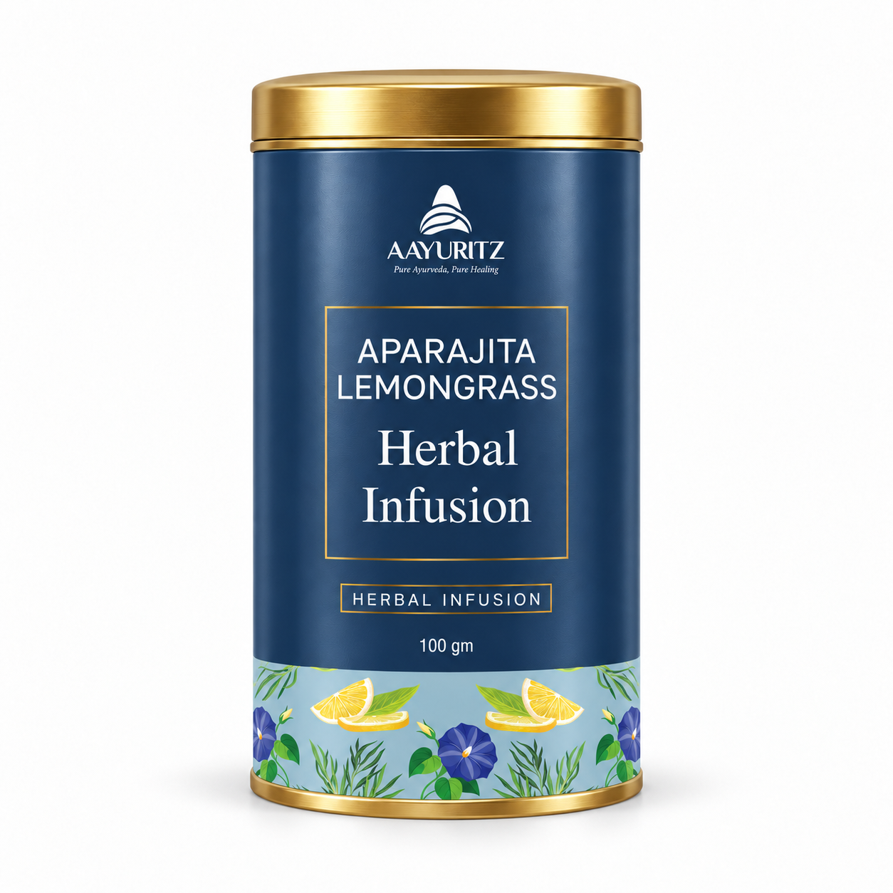 Aparajita Lemongrass Herbal Infusion in a gold-lid can