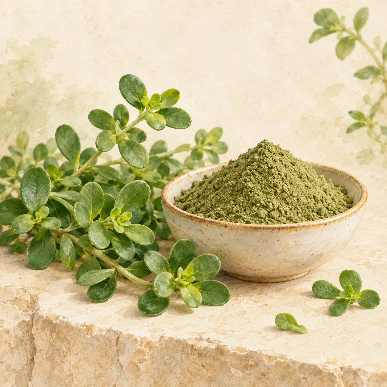 Ingredient illustration of Bacopa leaves and botanical powder