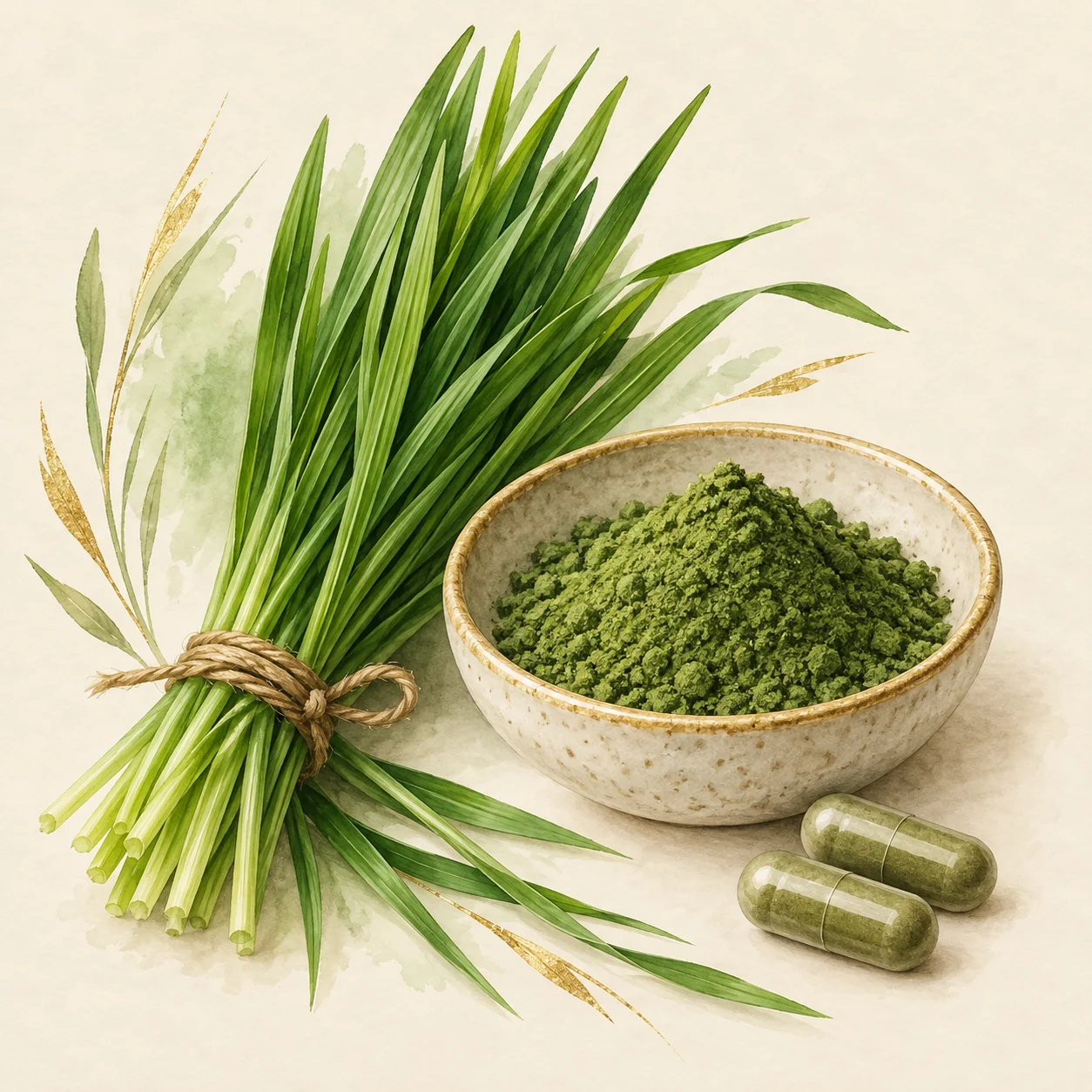 Ingredient illustration of barley grass with an unbranded capsule format