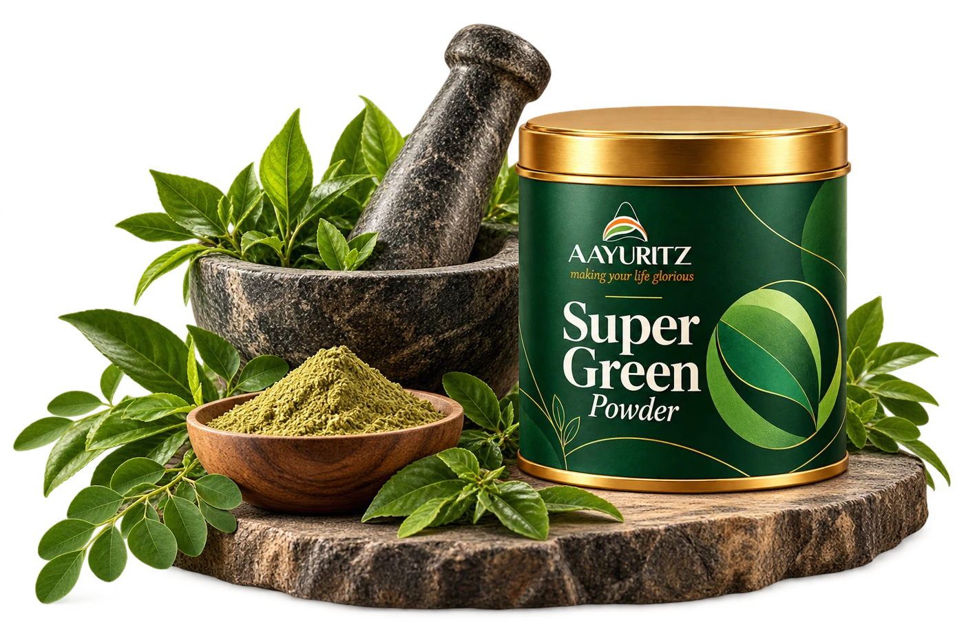 Aayuritz Super Green Powder pack with a mortar and botanical ingredients — illustrative composition