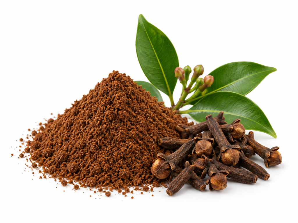 Botanical illustration of clove powder, dried clove buds and leaves