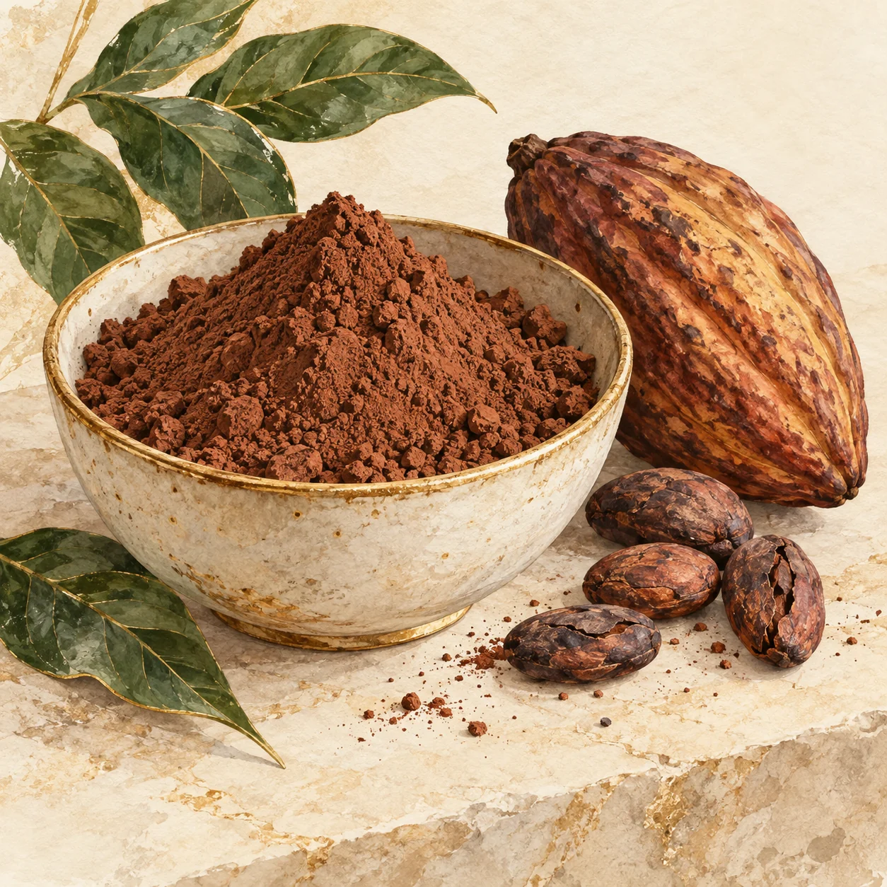 Ingredient illustration of cocoa beans and cocoa powder