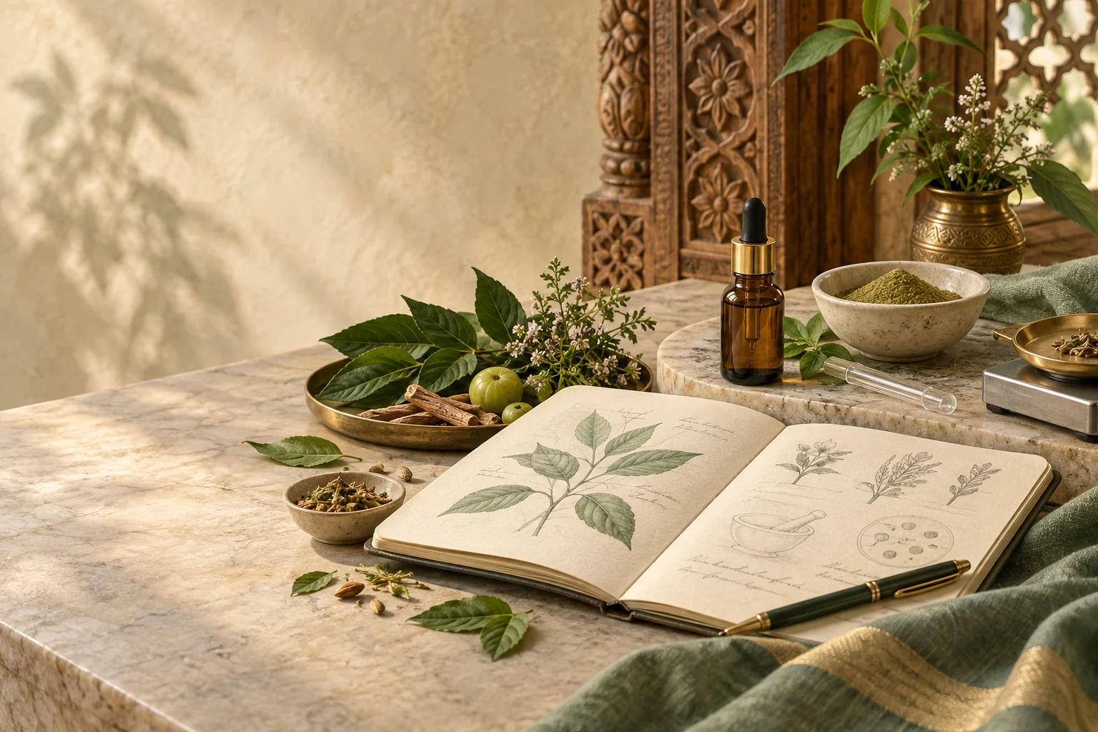 Concept artwork of botanical ingredients and a formulation notebook