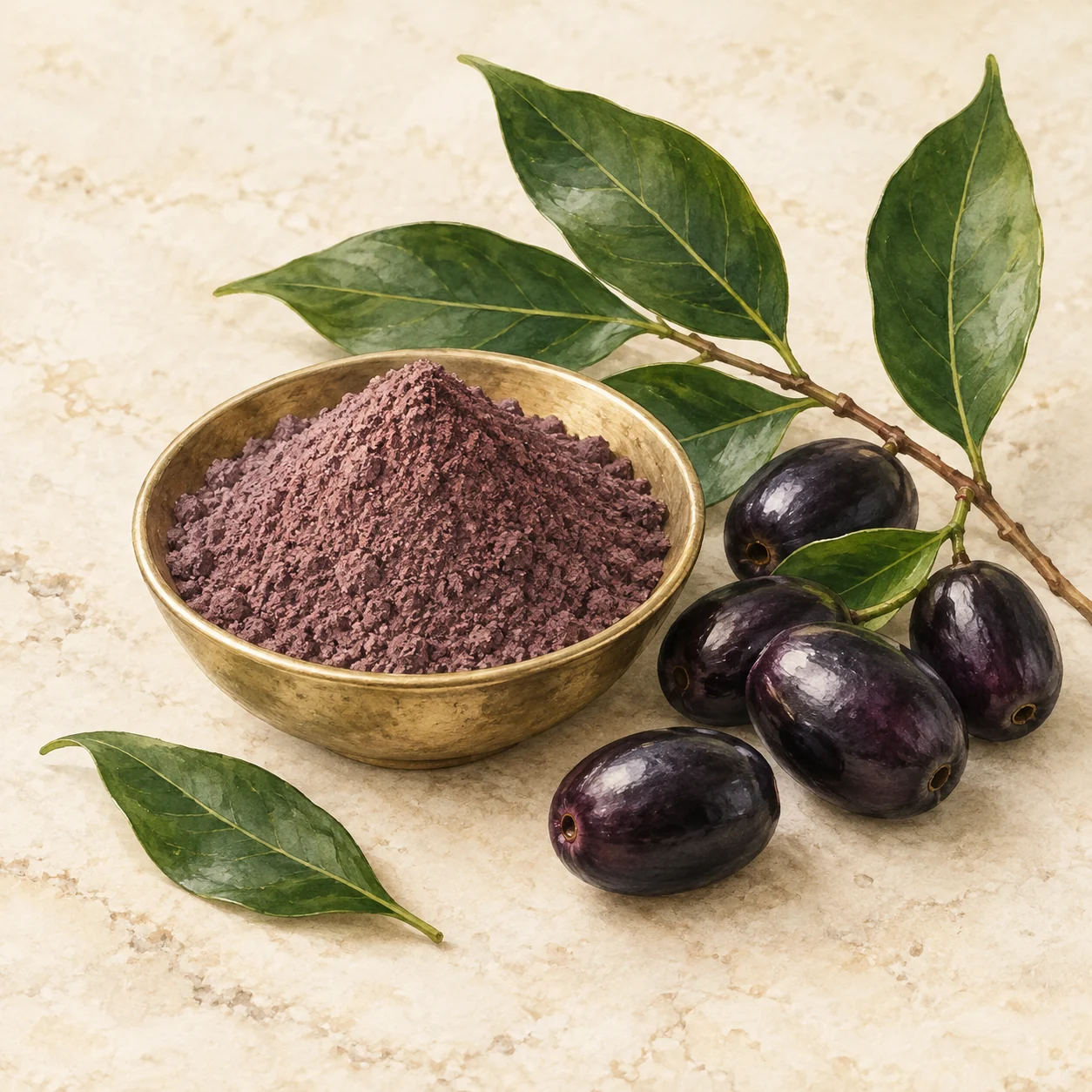Ingredient illustration of jamun fruit and botanical powder
