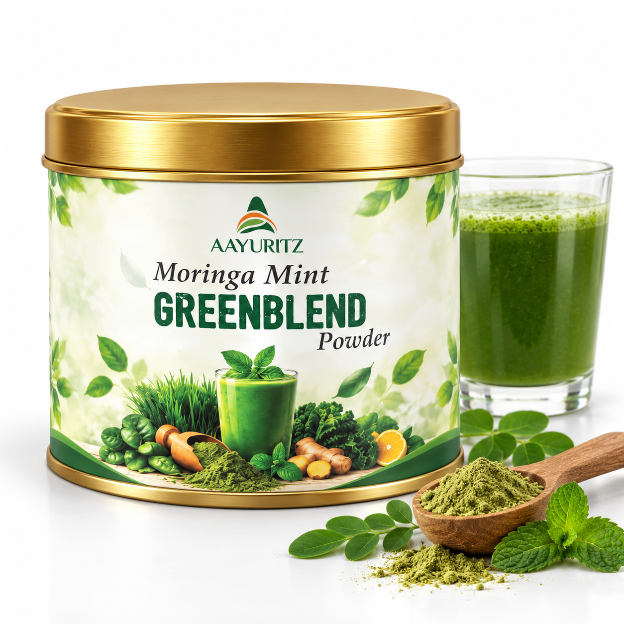 Aayuritz Moringa Mint Greenblend Powder can beside prepared drink and powder scoop