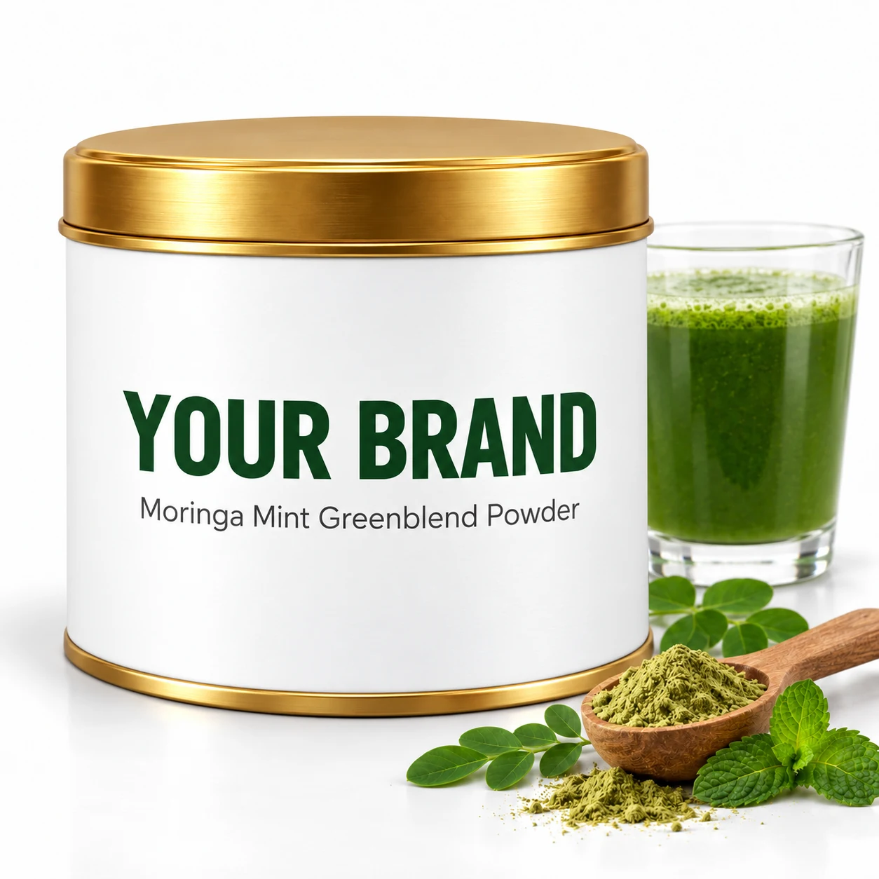 Moringa Mint Greenblend Powder pure white YOUR BRAND private-label packaging concept