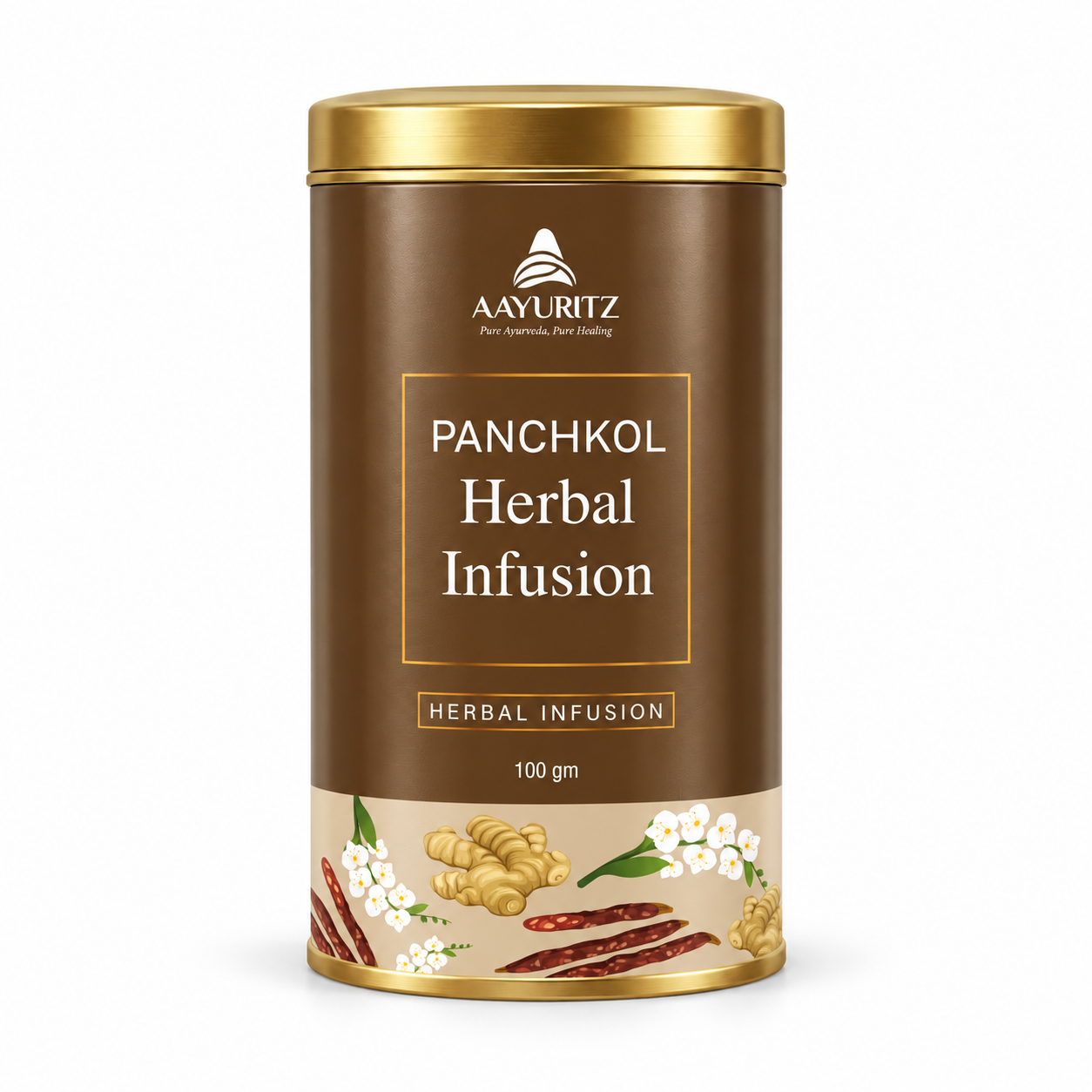 Panchkol Herbal Infusion in a gold-lid can