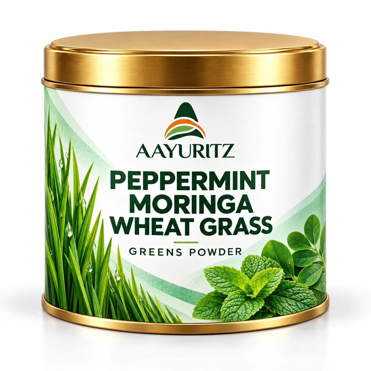 Aayuritz Peppermint Moringa Wheat Grass Greens Powder packaged product