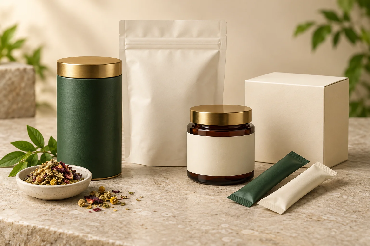 Private-label packaging formats with a cylindrical can, pouch, jar, sachets and gift carton