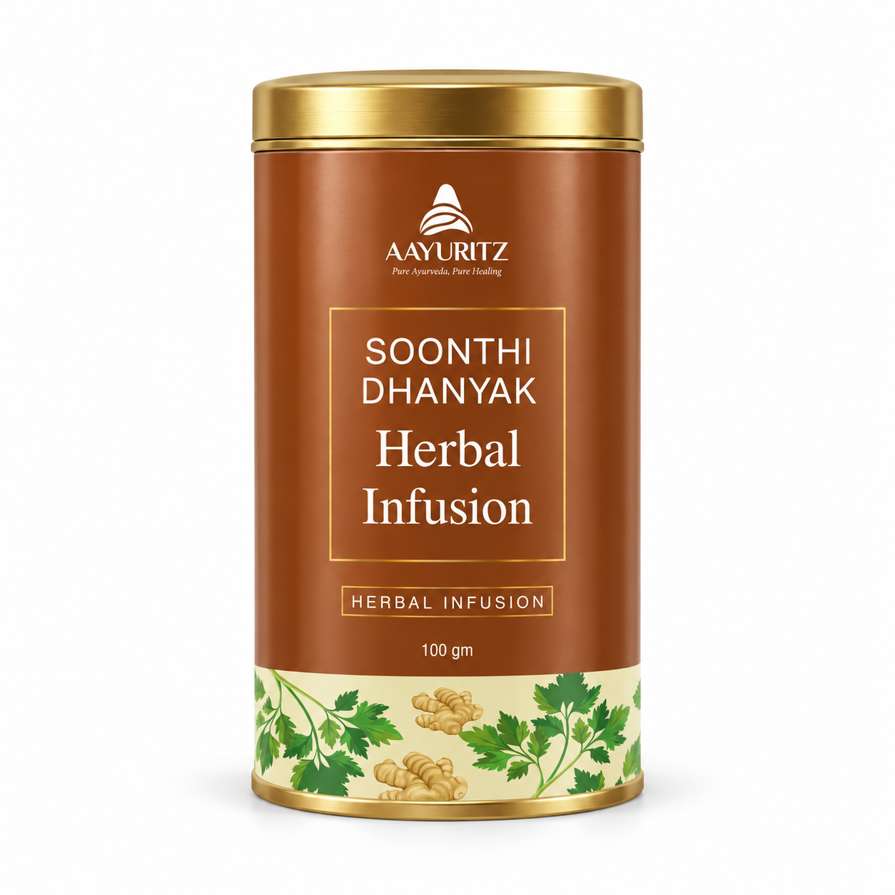 Soonthi Dhanyak Herbal Infusion in a gold-lid can