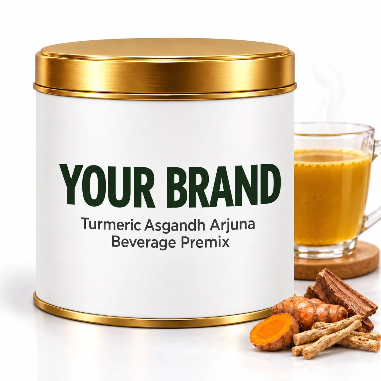Turmeric Asgandh Arjuna Beverage Premix pure white YOUR BRAND private-label packaging concept